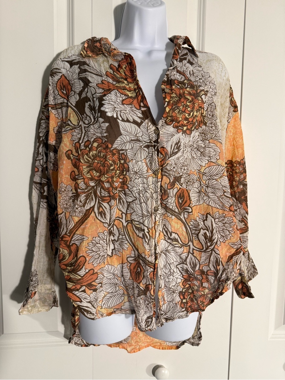 Floral Button-Front Boho Blouse in Orange, Brown & Cream